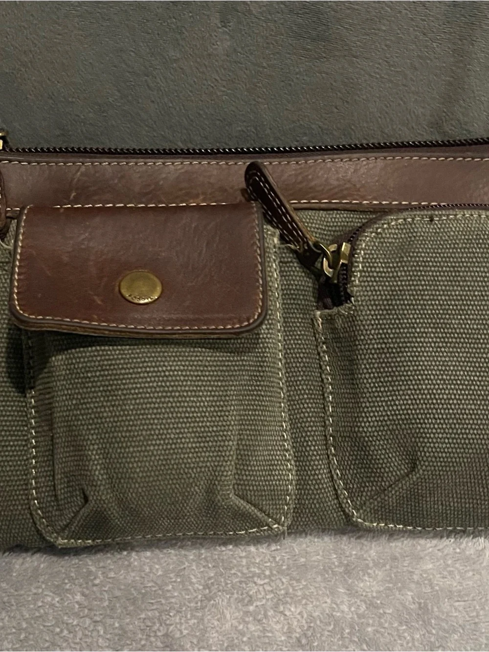 Fossil Olive Canvas Belt Bag with Brown Leather Trim